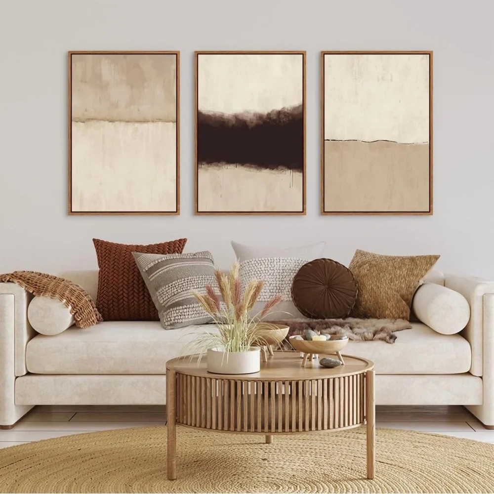 New West Elm Large Abstract Set of 3 Framed Canvas Wall Art Paintings Decor 24